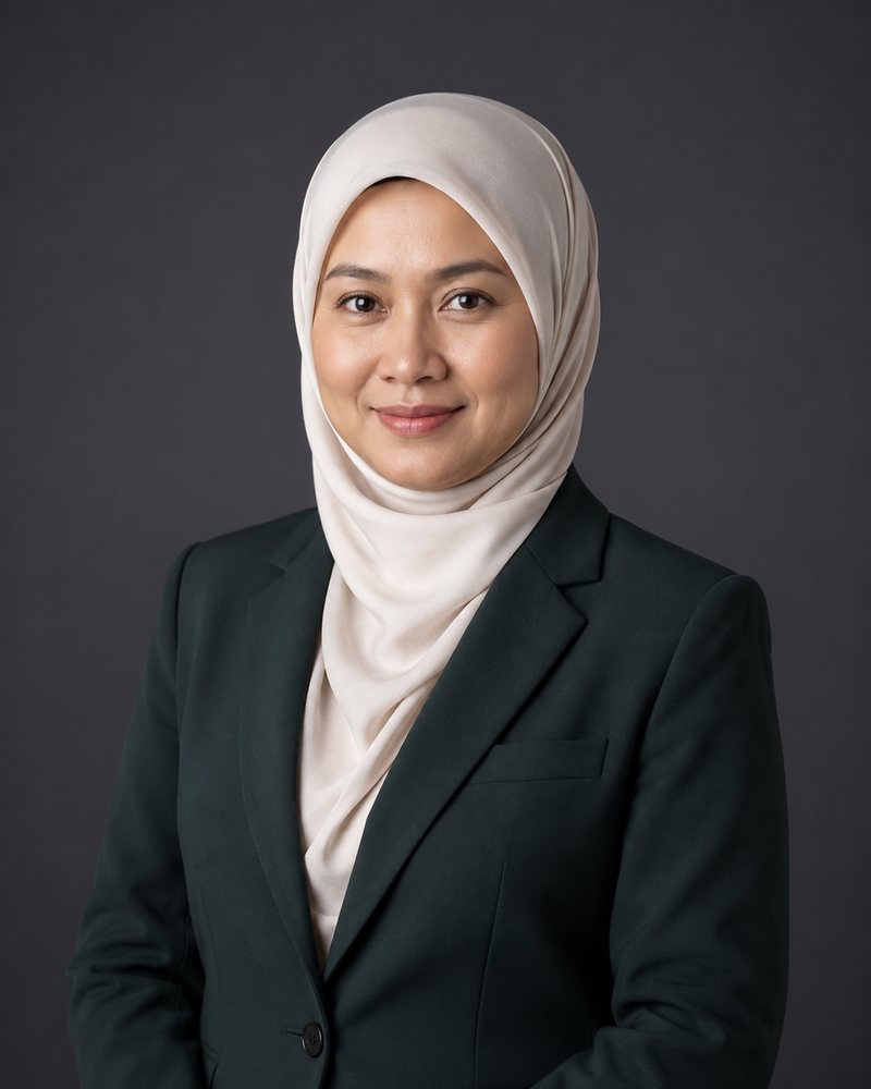 Potret Nurhaliza Idris, memakai tudung warna krim dan blazer hijau gelap, di depan latar kelabu.